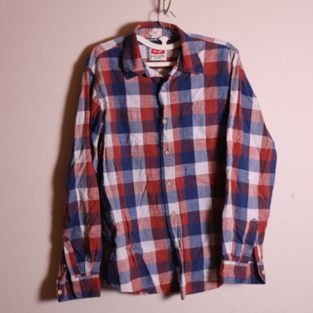 Wrangler Indigo Plaid Button Up Shirt Medium Patriotic Cotton